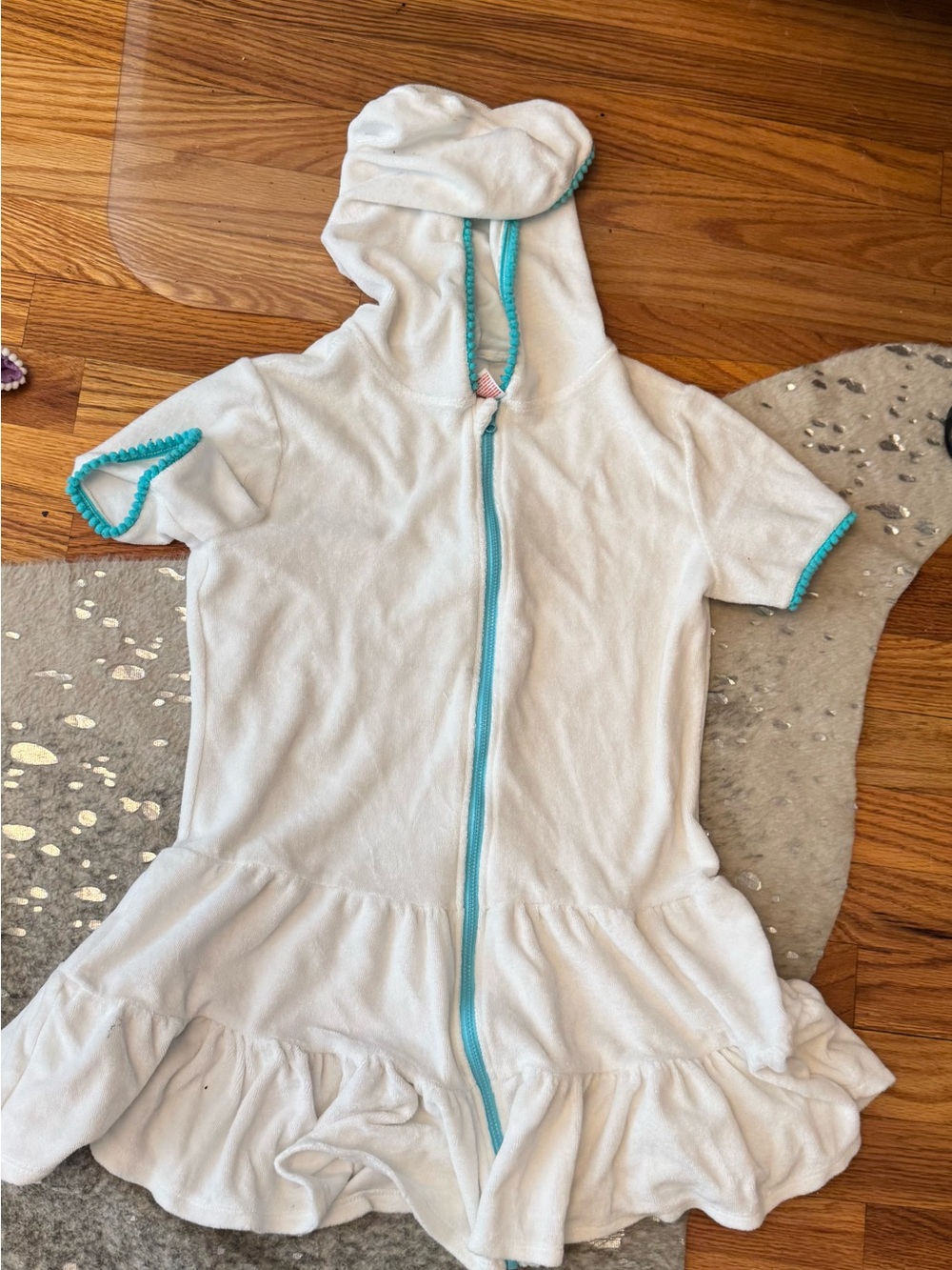 White Hooded Terry Dress with Teal Trim